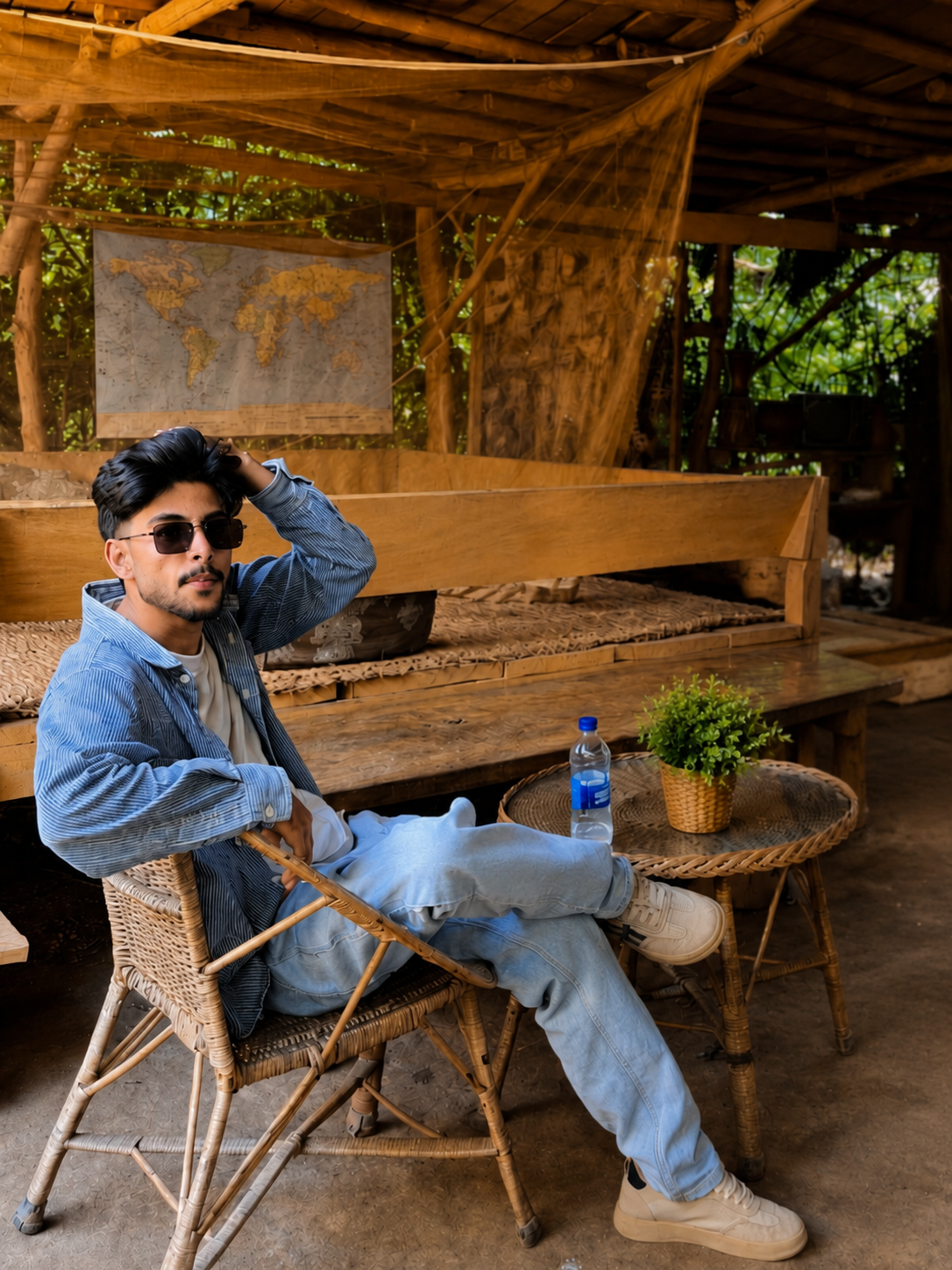 Mudasir Rashid, Founder & CEO of ScriptEdge — photographed reclining in a wicker chair inside a rustic open-air bamboo shelter, wearing dark sunglasses and a light blue striped button-down shirt over a white t-shirt
